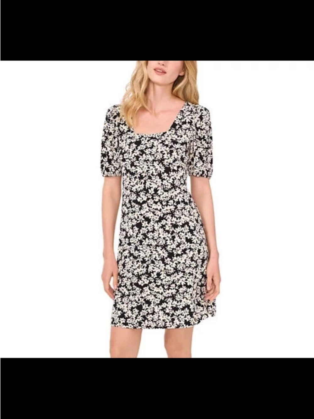 CeCe Black and White Floral Square-Neck Mini Dress